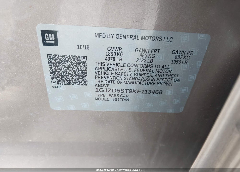 2019 CHEVROLET MALIBU LT VIN: 1G1ZD5ST9KF113468