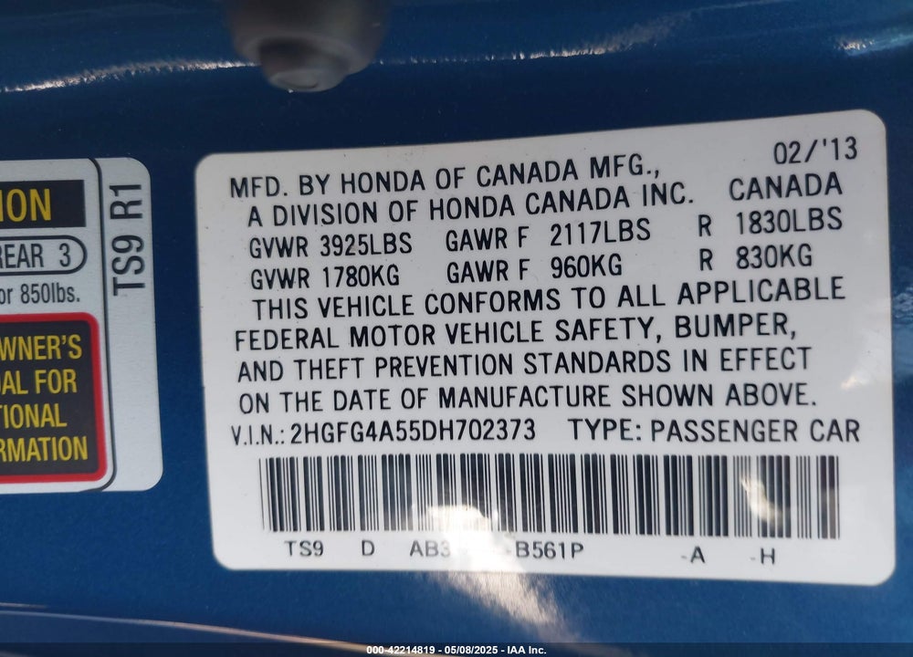 2013 HONDA CIVIC VIN: 2HGFG4A55DH702373