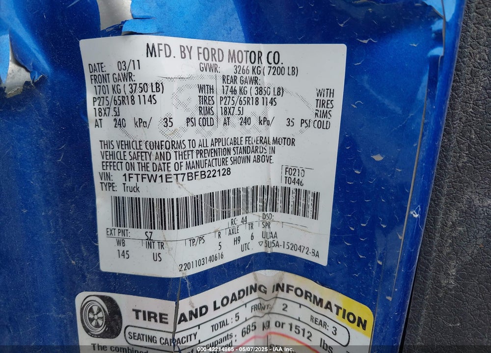 2011 FORD F-150 XLT VIN: 1FTFW1ET7BFB22128