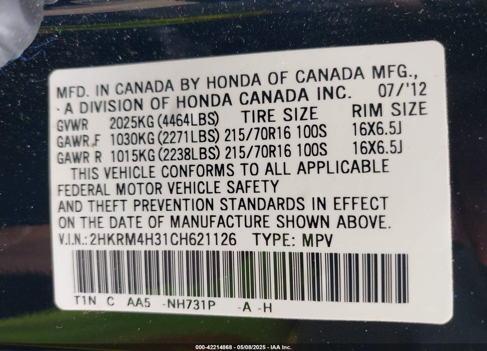 2012 HONDA CR-V LX VIN: 2HKRM4H31CH621126