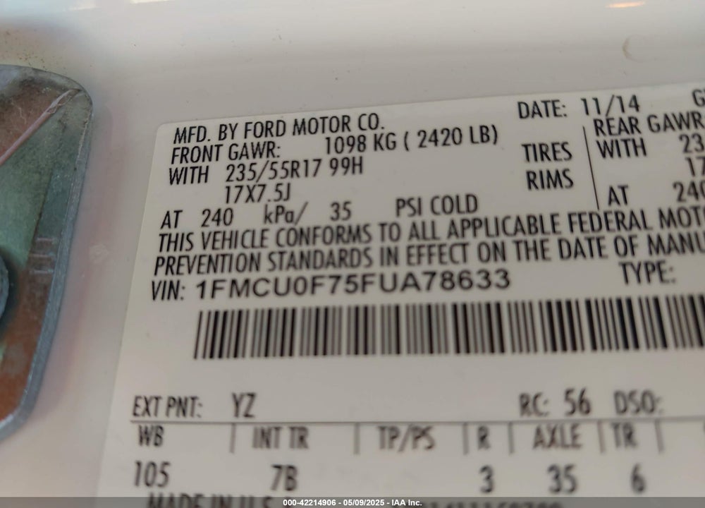 2015 FORD ESCAPE S VIN: 1FMCU0F75FUA78633