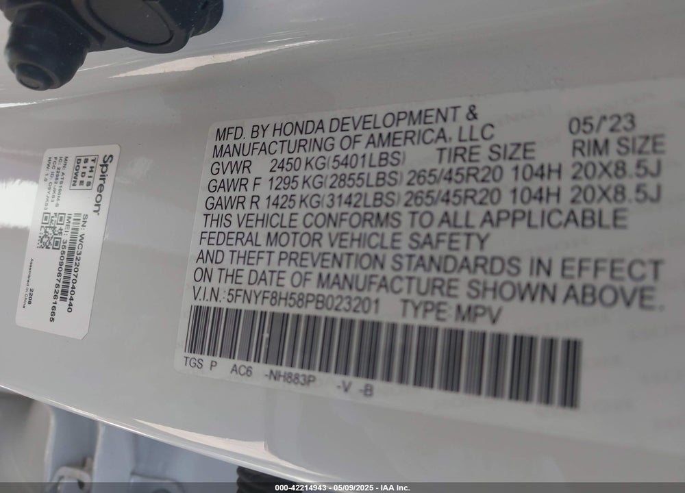 2023 HONDA PASSPORT VIN: 5FNYF8H58PB023201