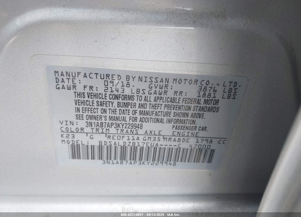 2019 NISSAN SENTRA SV VIN: 3N1AB7AP3KY229948
