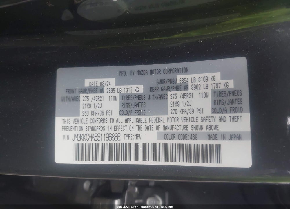 2025 MAZDA CX-90 PHEV VIN: JM3KKCHA6S1196886