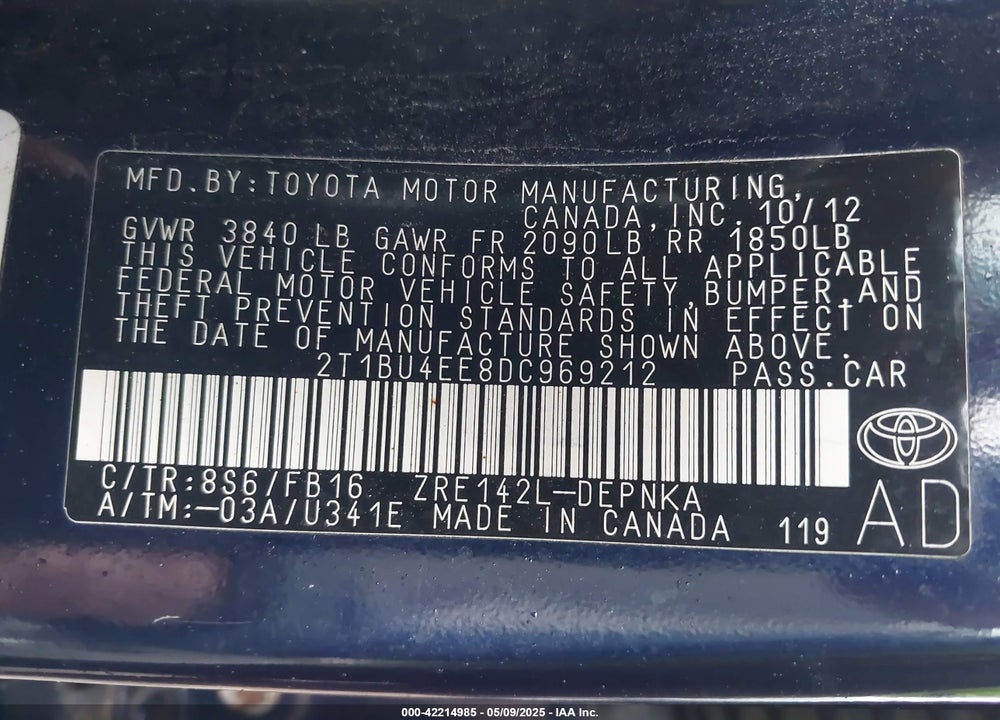 2013 TOYOTA COROLLA VIN: 2T1BU4EE8DC969212