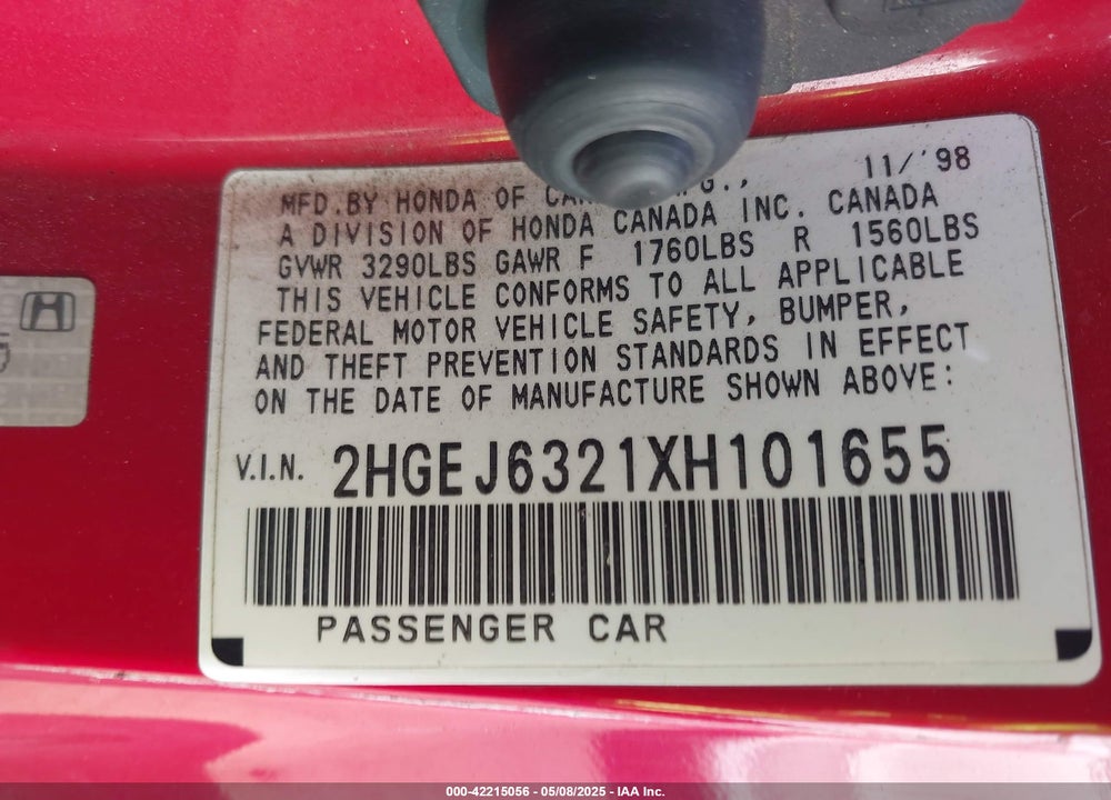 1999 HONDA CIVIC CX VIN: 2HGEJ6321XH101655