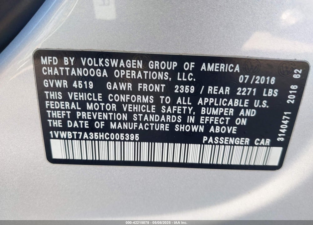 2017 VOLKSWAGEN PASSAT VIN: 1VWBT7A35HC005395