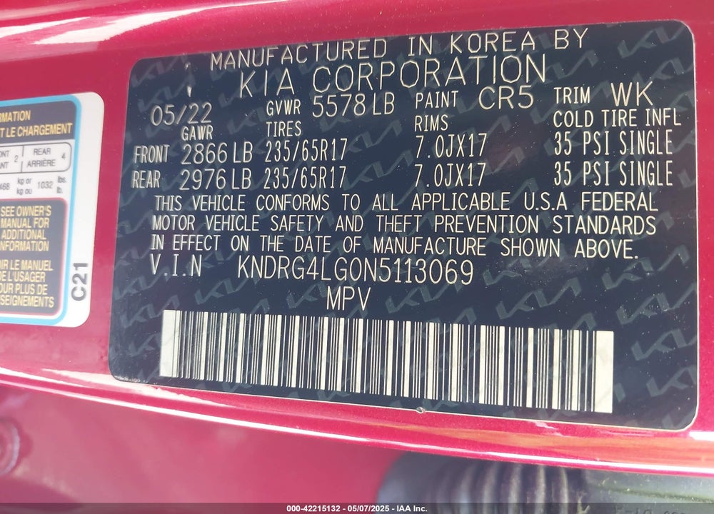 2022 KIA SORENTO HYBRID S VIN: KNDRG4LG0N5113069