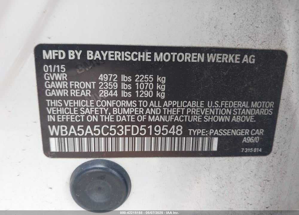 2015 BMW 528I VIN: WBA5A5C53FD519548
