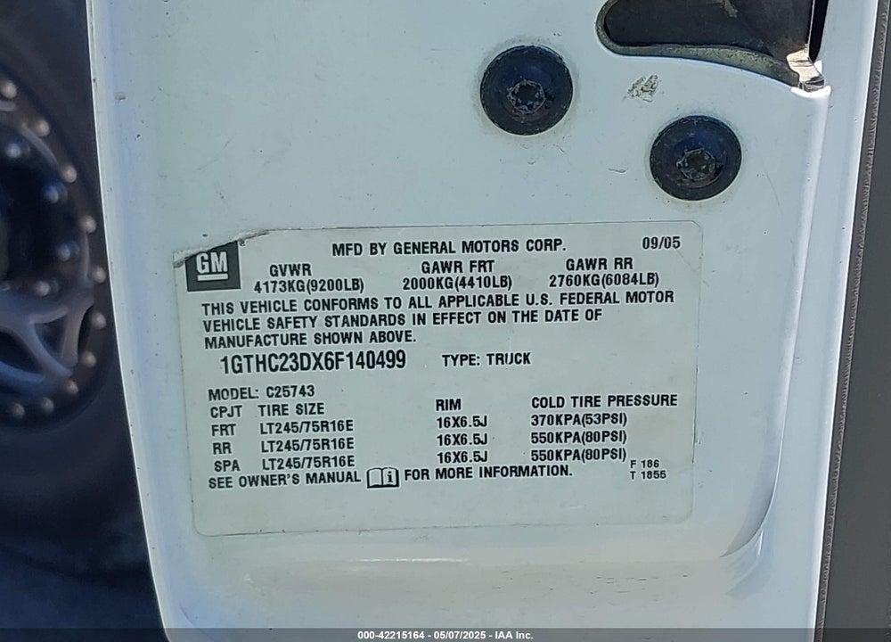 2006 GMC SIERRA VIN: 1GTHC23DX6F140499