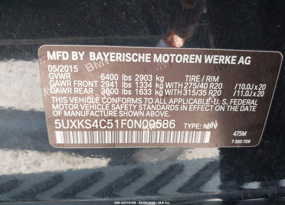 2015 BMW X5 VIN: 5UXKS4C51F0N09586
