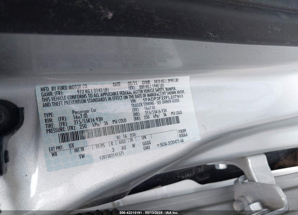 2015 FORD FOCUS VIN: 1FADP3F22FL237903