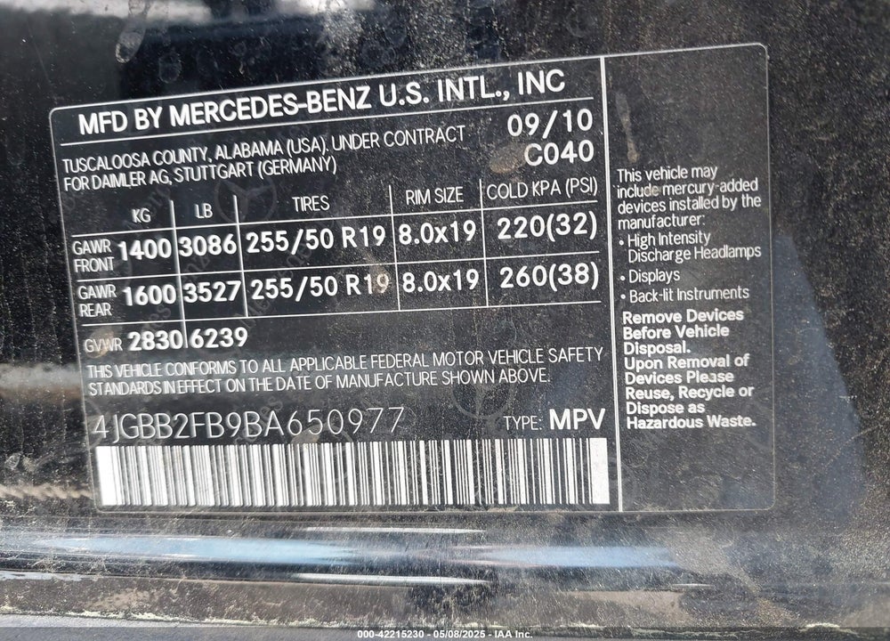 2011 MERCEDES-BENZ ML 350 BLUETEC VIN: 4JGBB2FB9BA650977