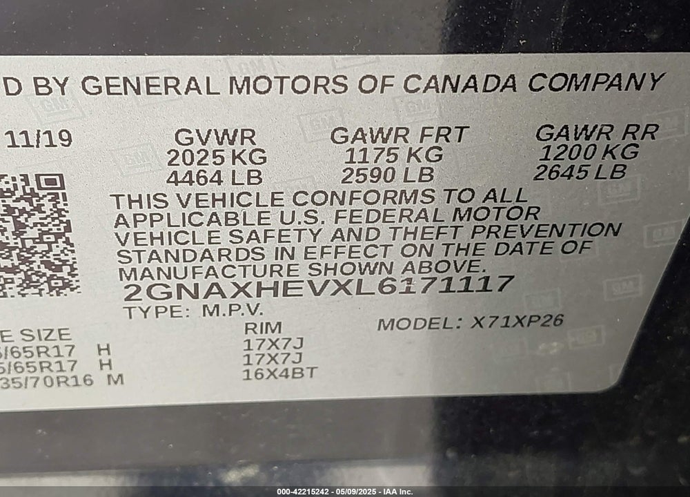 2020 CHEVROLET EQUINOX FWD LS VIN: 2GNAXHEVXL6171117