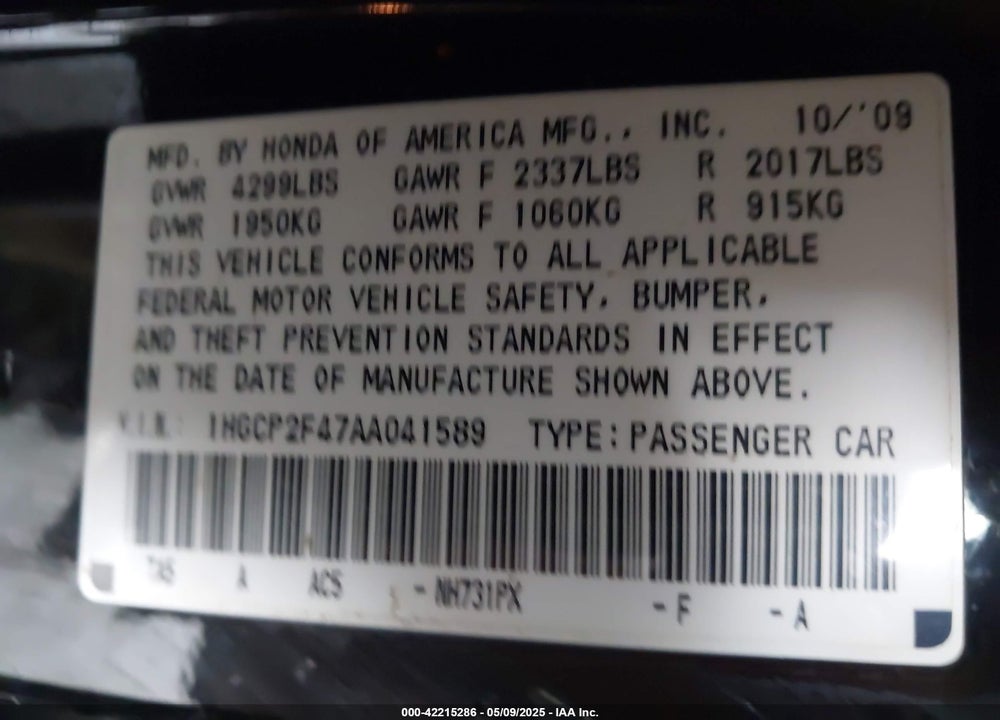 2010 HONDA ACCORD VIN: 1HGCP2F47AA041589