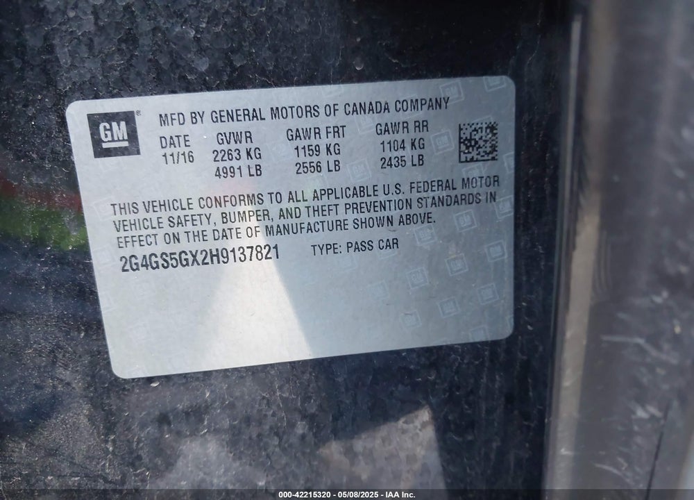 2017 BUICK REGAL VIN: 2G4GS5GX2H9137821