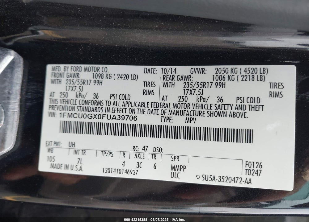 2015 FORD ESCAPE VIN: 1FMCU0GX0FUA39706