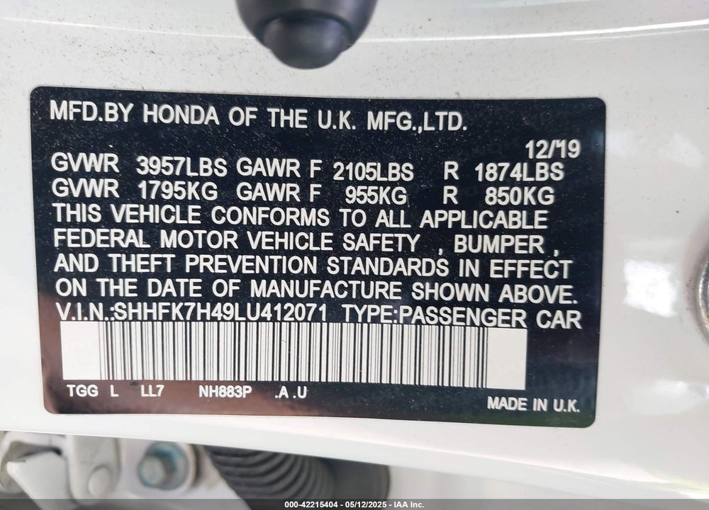 2020 HONDA CIVIC SPORT VIN: SHHFK7H49LU412071