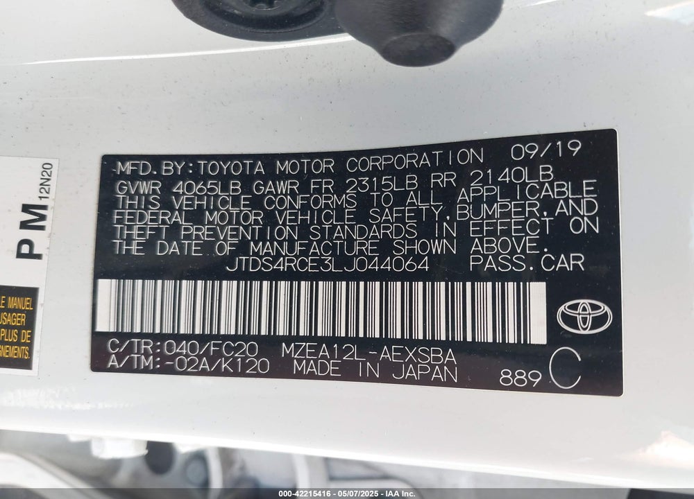 2020 TOYOTA COROLLA SE VIN: JTDS4RCE3LJ044064