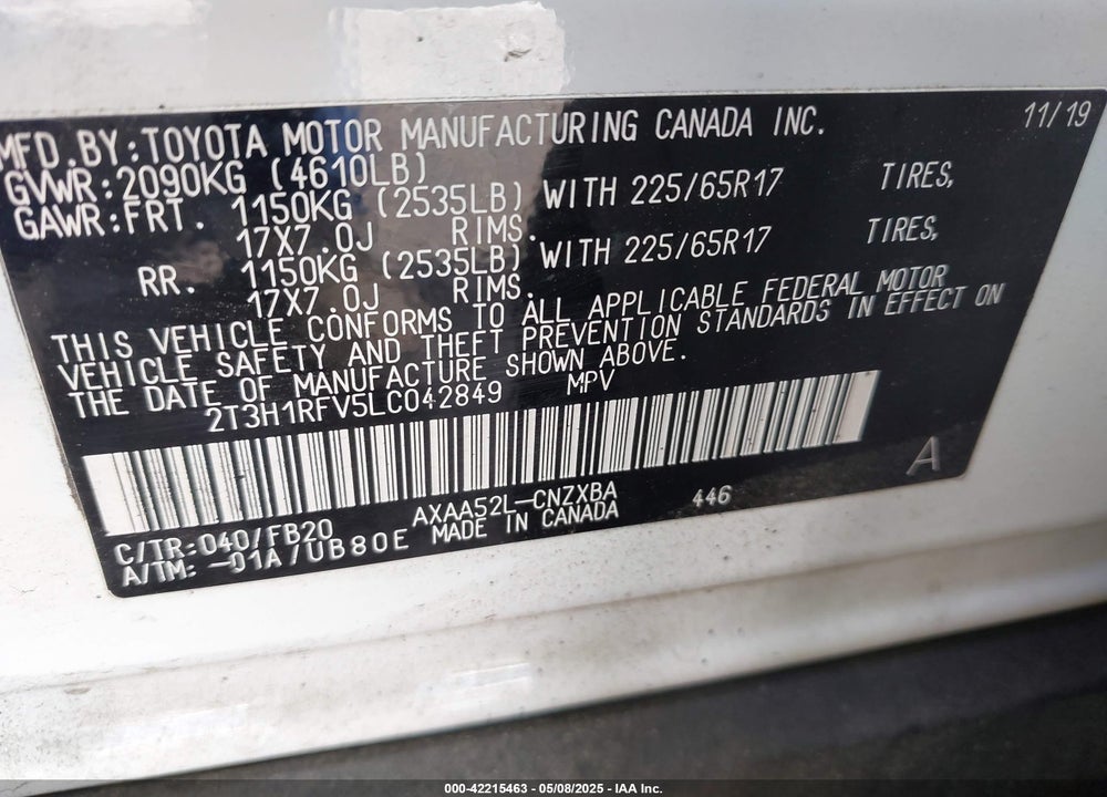 2020 TOYOTA RAV4 LE VIN: 2T3H1RFV5LC042849