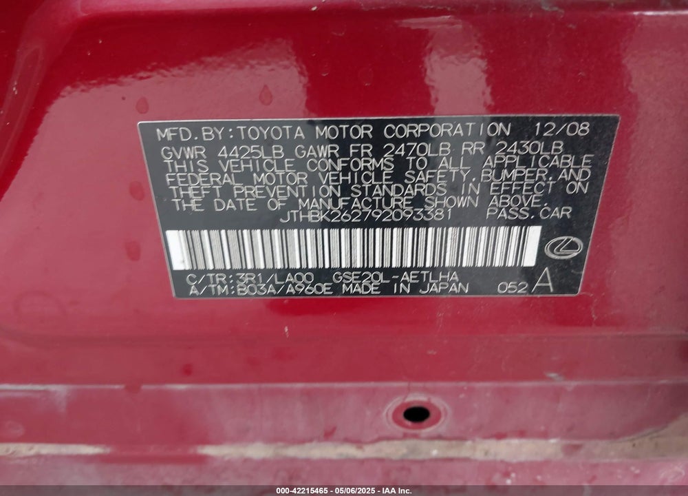2009 LEXUS IS 250 VIN: JTHBK262792093381
