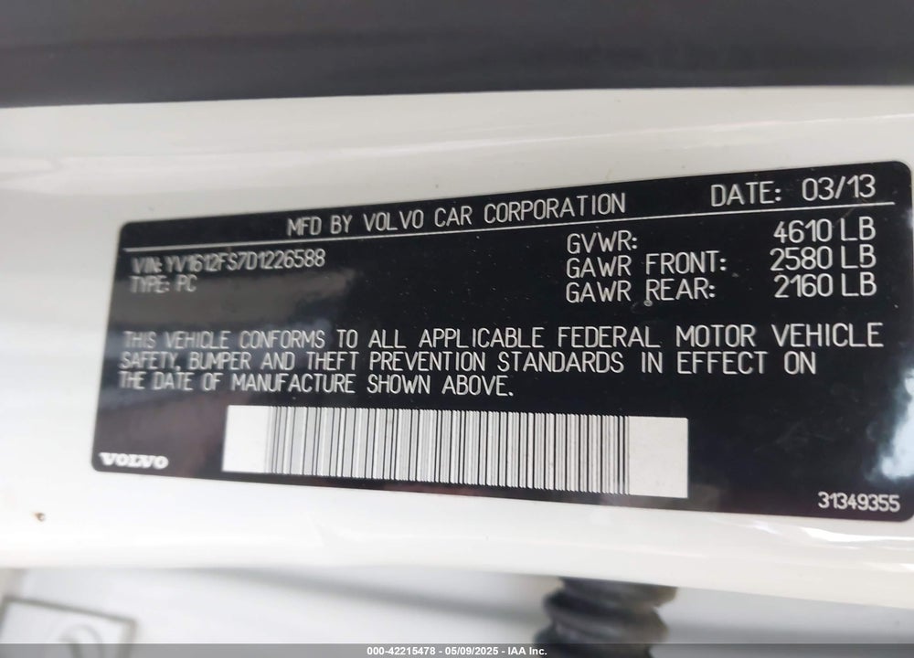 2013 VOLVO S60 T5 VIN: YV1612FS7D1226588