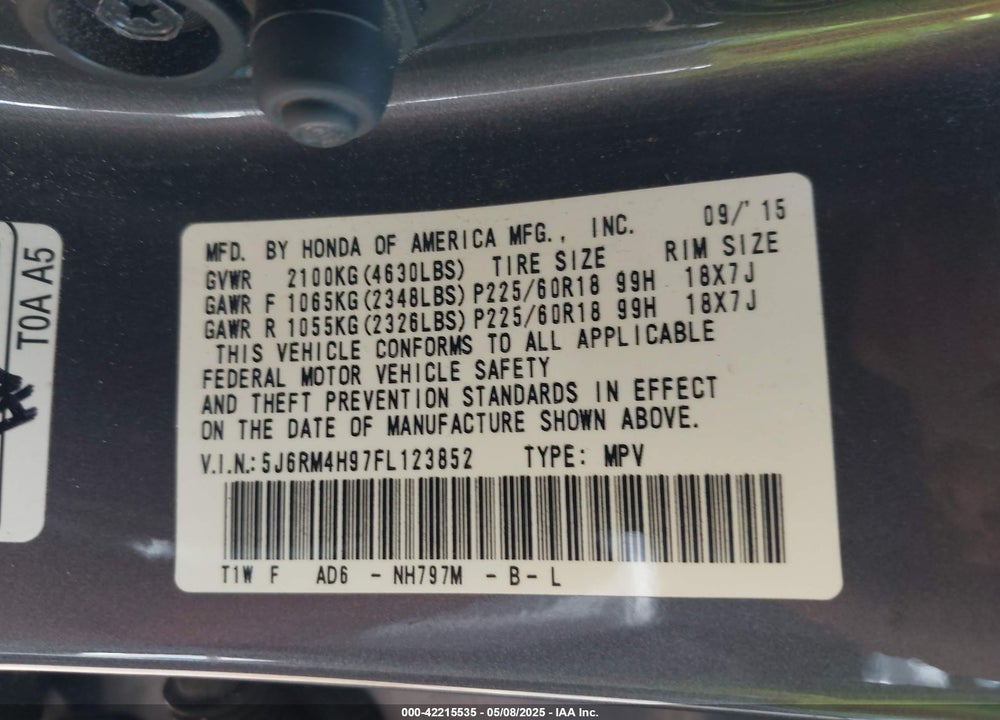 2015 HONDA CR-V VIN: 5J6RM4H97FL123852