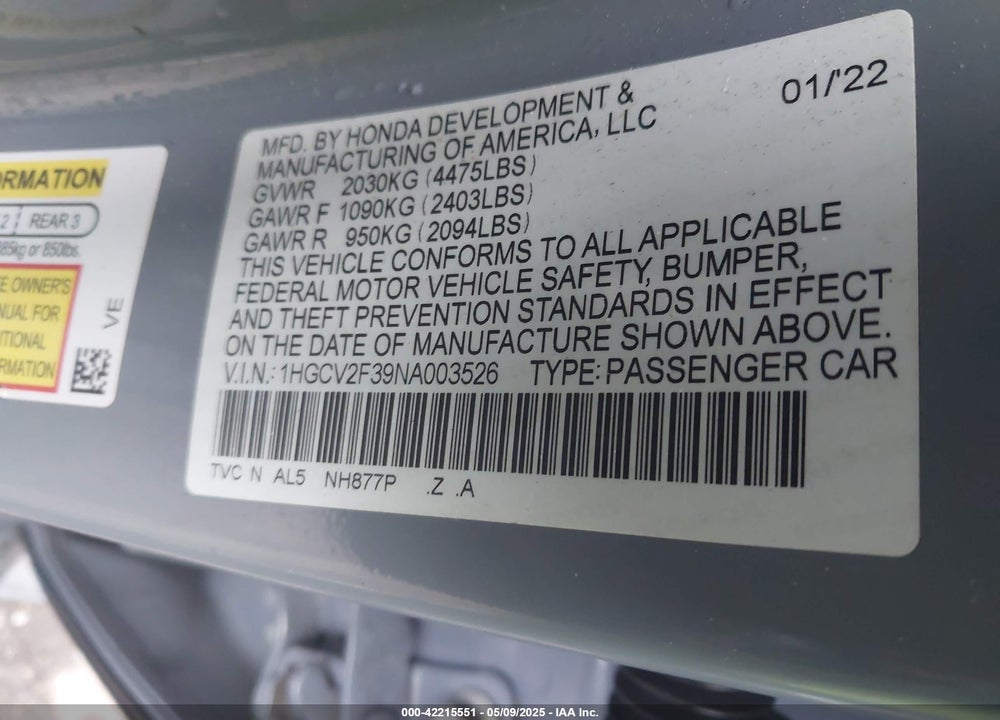 2022 HONDA ACCORD VIN: 1HGCV2F39NA003526