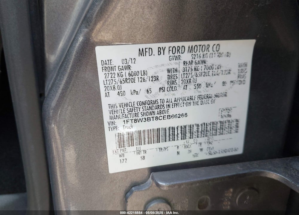 2012 FORD F-350 LARIAT VIN: 1FT8W3BT8CEB66266