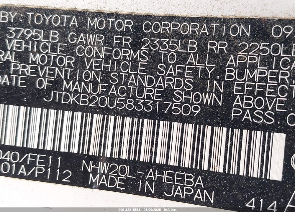 2008 TOYOTA PRIUS VIN: JTDKB20U583317509