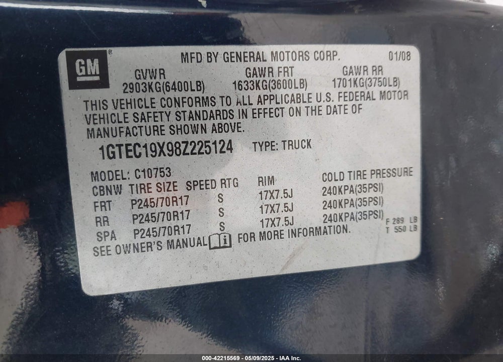 2008 GMC SIERRA 1500 WORK TRUCK VIN: 1GTEC19X98Z225124
