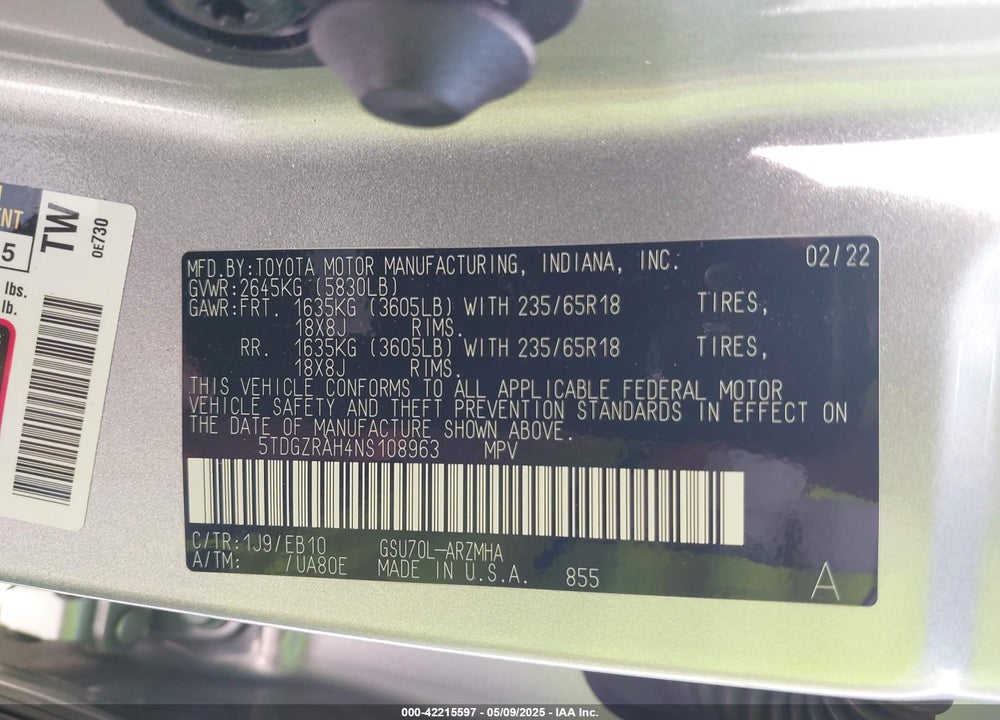 2022 TOYOTA HIGHLANDER XLE VIN: 5TDGZRAH4NS108963