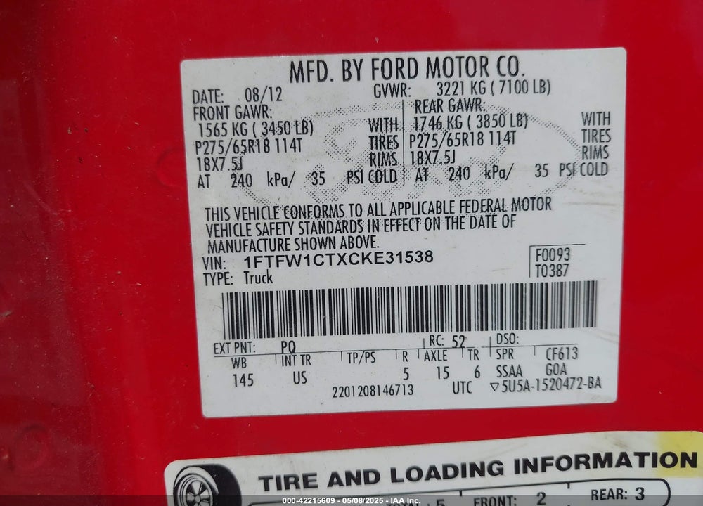 2012 FORD F-150 XLT VIN: 1FTFW1CTXCKE31538