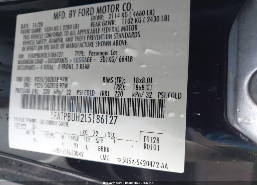 2020 FORD MUSTANG VIN: 1FATP8UH2L5186127