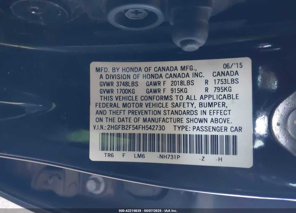 2015 HONDA CIVIC VIN: 2HGFB2F54FH542730