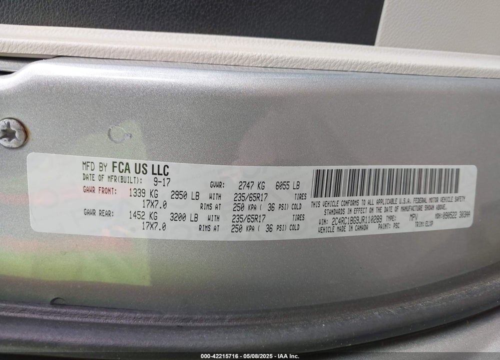 2018 CHRYSLER PACIFICA TOURING L VIN: 2C4RC1BG9JR110289
