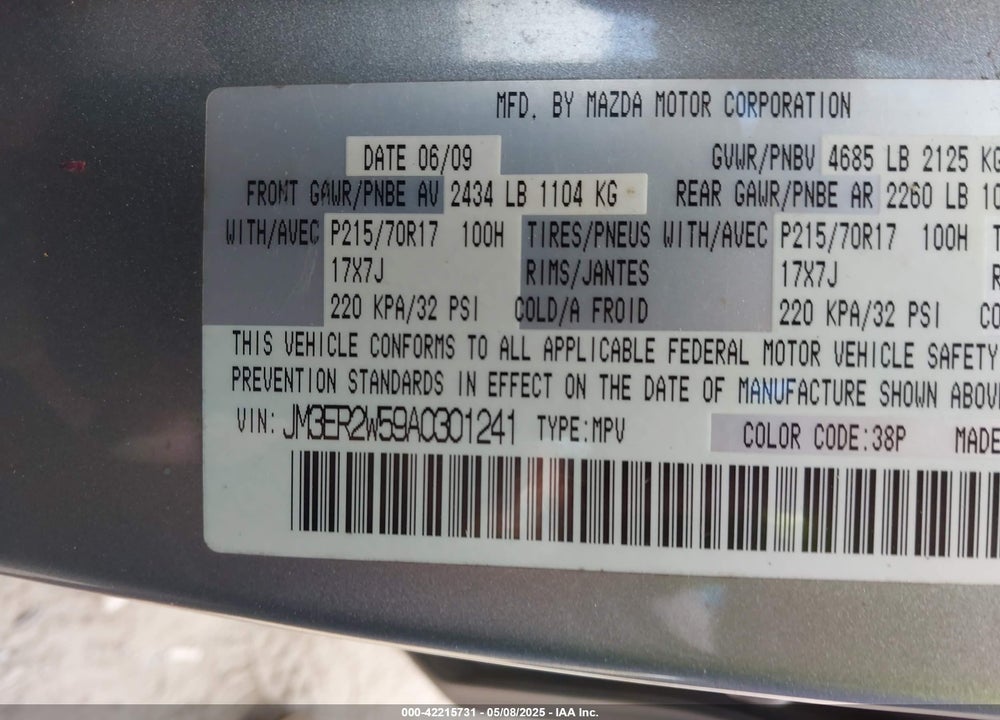 2010 MAZDA CX-7 I SV VIN: JM3ER2W59A0301241