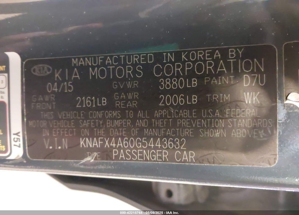 2016 KIA FORTE LX VIN: KNAFX4A60G5443632
