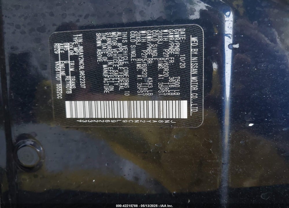 2020 NISSAN ARMADA SL 4WD VIN: JN8AY2NC9L9622337