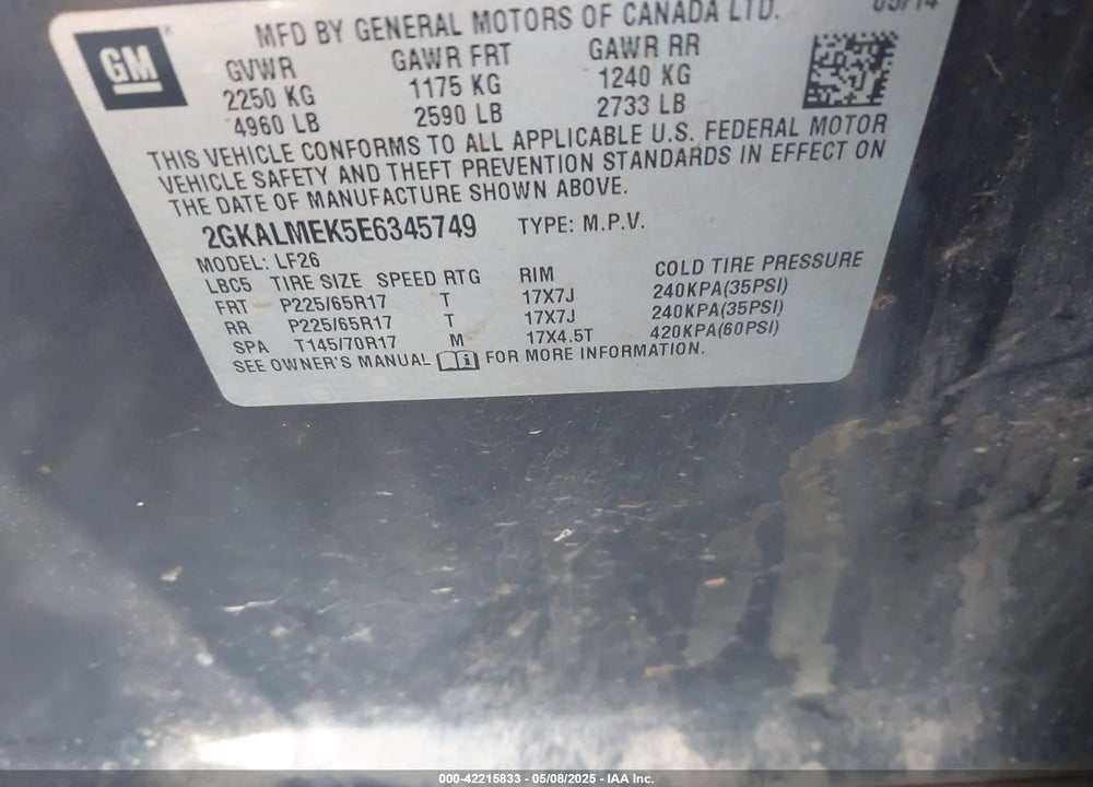 2014 GMC TERRAIN VIN: 2GKALMEK5E6345749