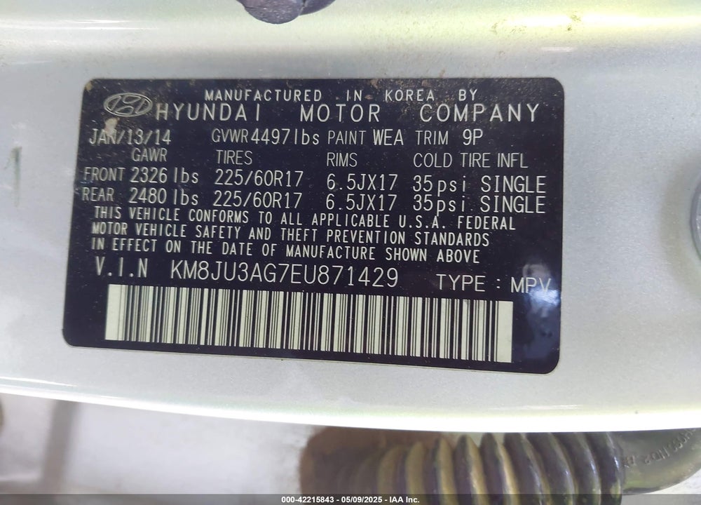 2014 HYUNDAI TUCSON SE VIN: KM8JU3AG7EU871429