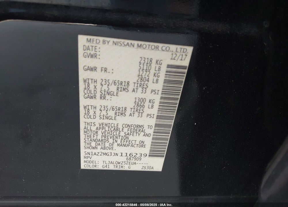 2018 NISSAN MURANO VIN: 5N1AZ2MG3JN116239