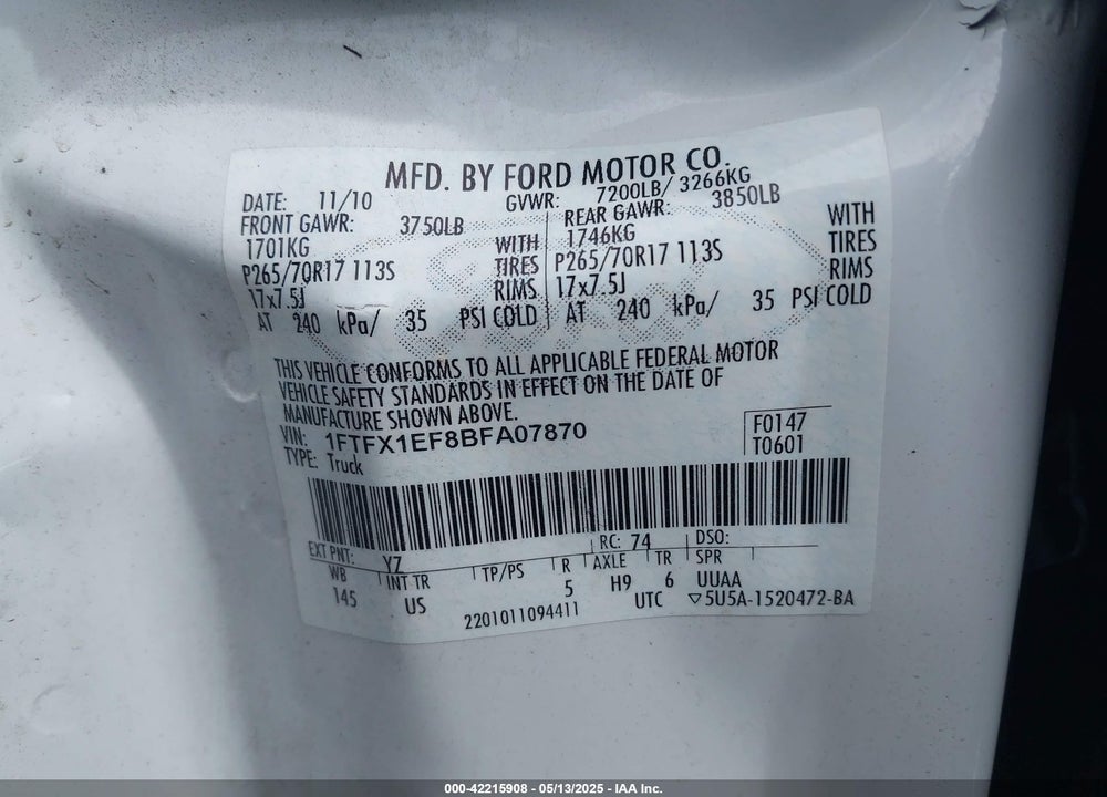 2011 FORD F-150 VIN: 1FTFX1EF8BFA07870