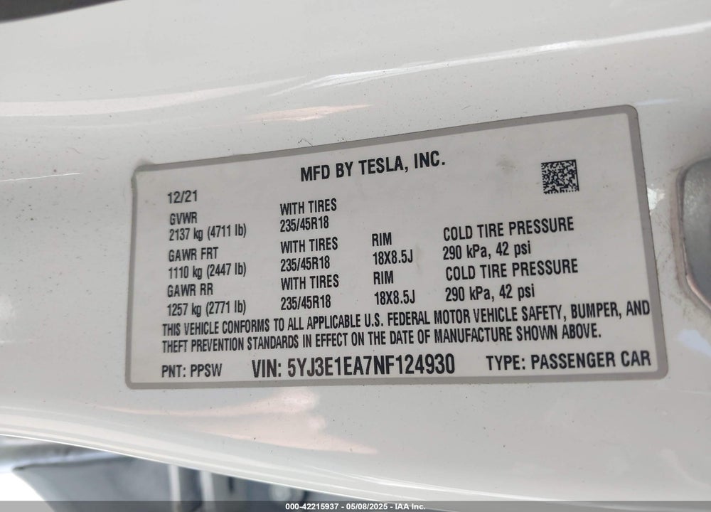 2022 TESLA MODEL 3 REAR-WHEEL DRIVE VIN: 5YJ3E1EA7NF124930