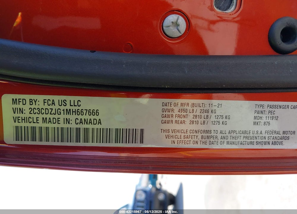 2021 DODGE CHALLENGER VIN: 2C3CDZJG1MH667666