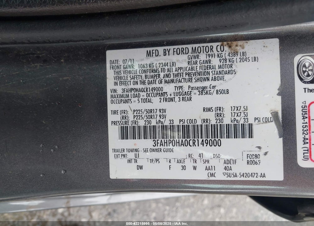 2012 FORD FUSION SE VIN: 3FAHP0HA0CR149000