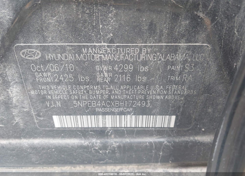 2011 HYUNDAI SONATA GLS VIN: 5NPEB4ACXBH172493