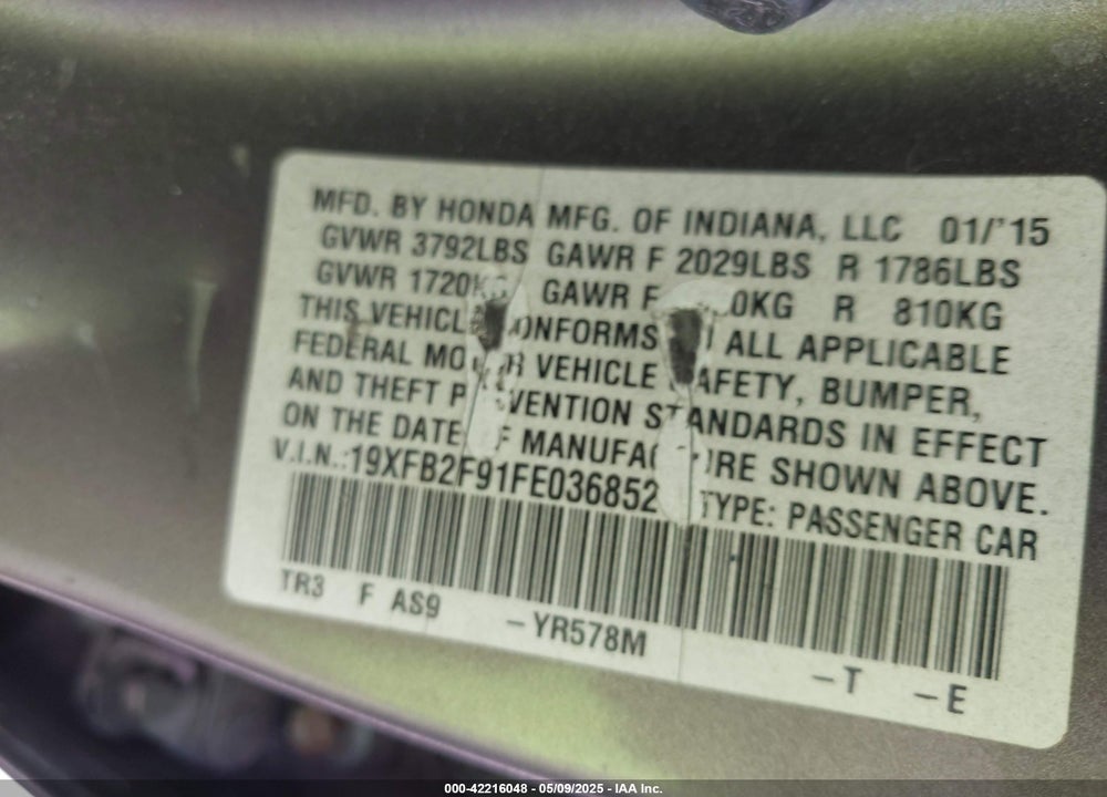 2015 HONDA CIVIC SEDAN VIN: 19XFB2F91FE036852