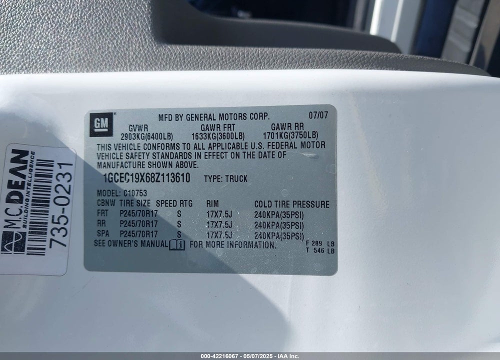2008 CHEVROLET SILVERADO 1500 VIN: 1GCEC19X68Z113610