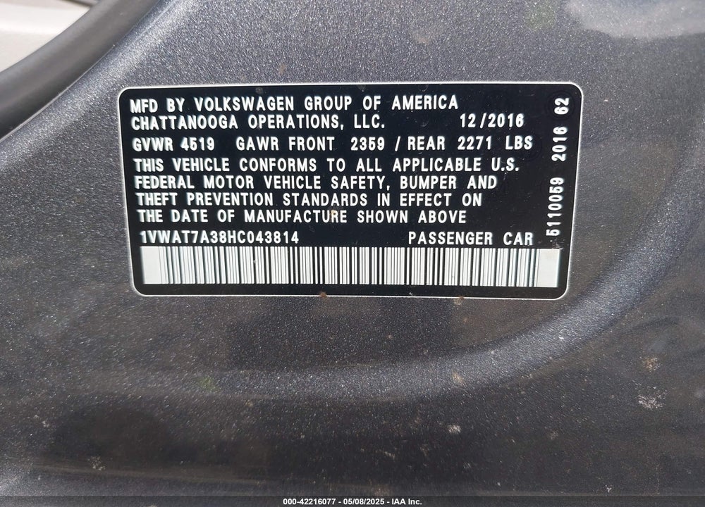 2017 VOLKSWAGEN PASSAT 1.8T S VIN: 1VWAT7A38HC043814